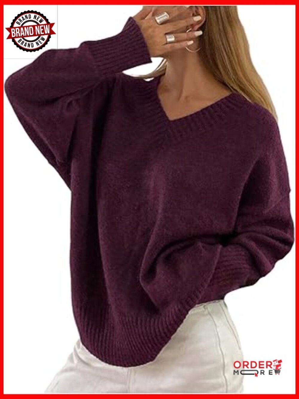 Oversized V-Neck Long Sleeve Sweater Pullover Knit Drop Shoulder